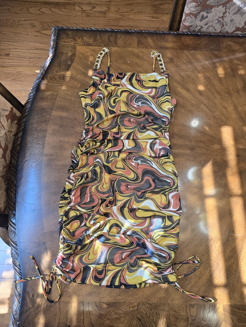 Cowl Neck Chain-Strap Dress in Mustard Swirl - Picture 2 of 6